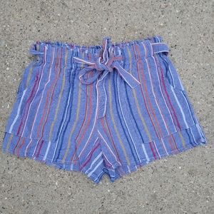 Derek Heart Blue Multi-Striped Paper Bag Shorts - Size L (Excellent Condition)